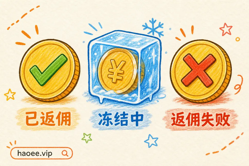 号易佣金状态:已返佣、冻结中、返佣失败 号易佣金的三种状态:已返佣、冻结中、返佣失败 - haoyi.online
